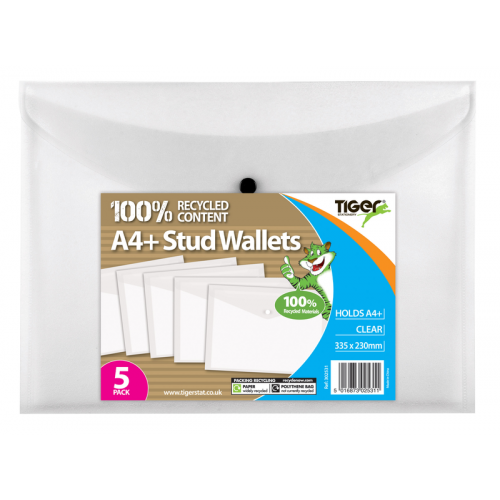 Tiger 100% Recycled Polypropylene Stud Wallets A4+ Clear