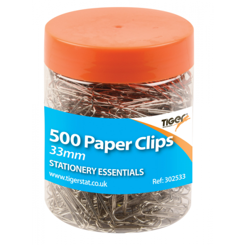 Tiger Steel Paper Clips 33mm Tub Of 500s