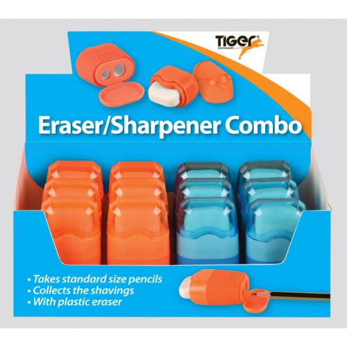Tiger Twin Combo Sharpener & Eraser Assorted Colours