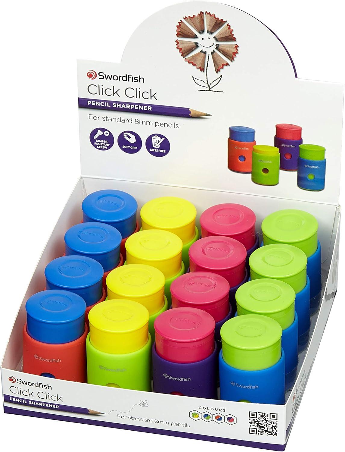 Swordfish Mess Free Click Click Single Hole Canister Pencil Sharpener Assorted Colours