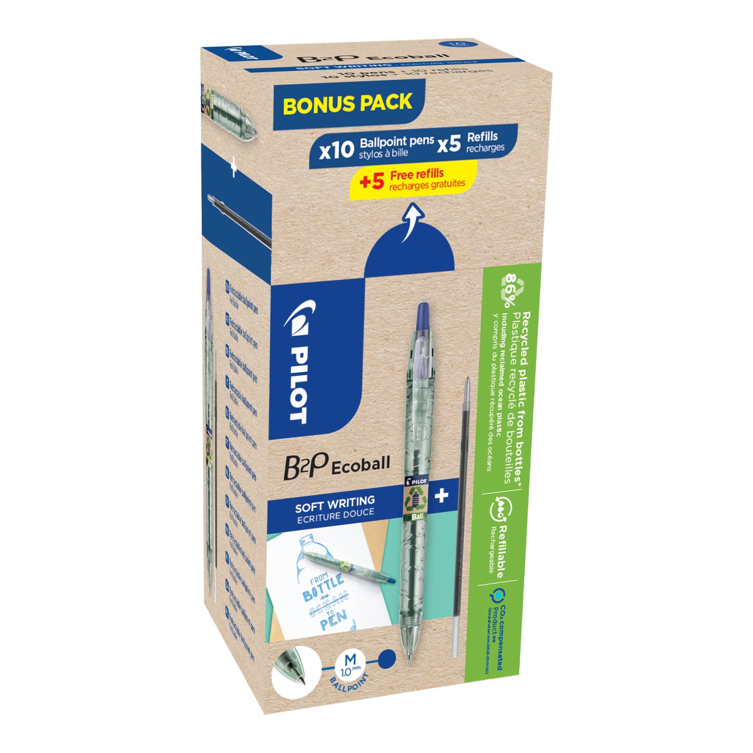 Blue B2P Ecoball Ballpoint Medium Line Green Pack - 10 pens + 10 refills 3131910586579