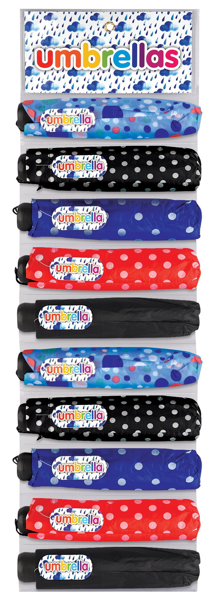 Clip strip folding umbrellas assorted pack of 10 designs - Hanging Pack