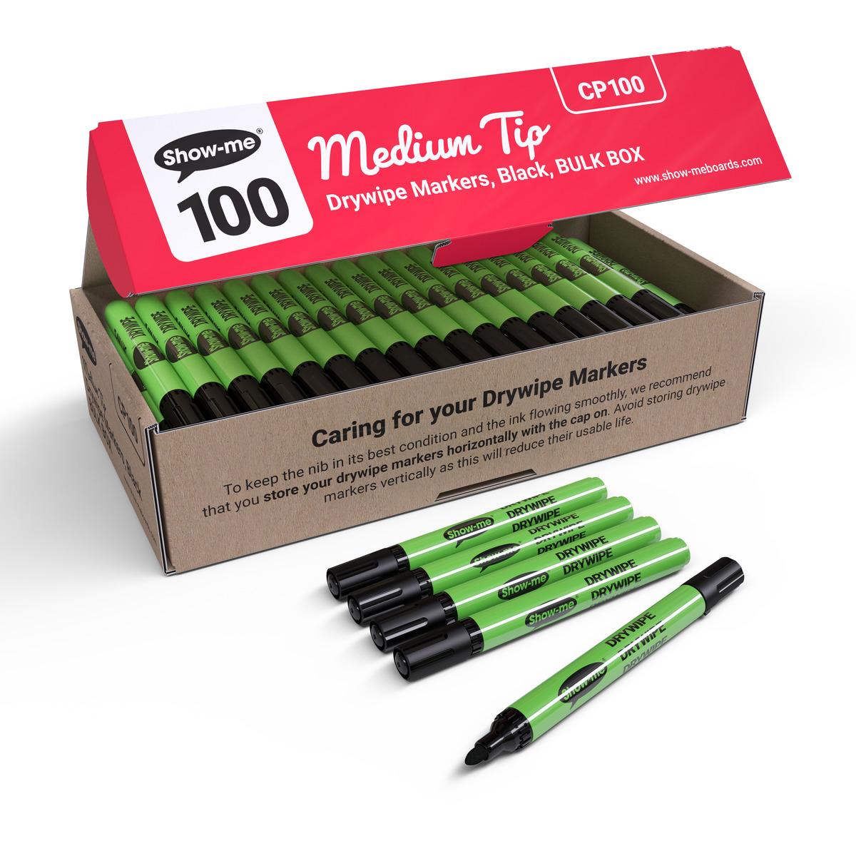 Show-me Medium Tip Drywipe Markers, Box 100, Black