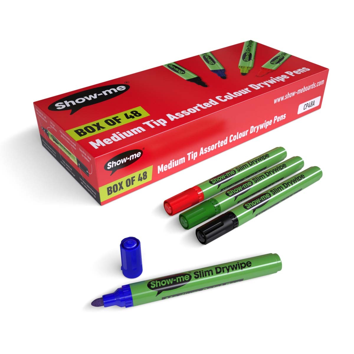 Show-me Medium Tip Drywipe Markers, Box 48, Assorted Colours