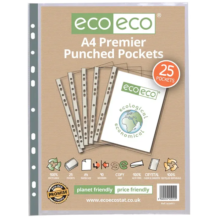 Eco Eco Recycled Premier Punched Pockets A4 90 Micron - Pack Of 25