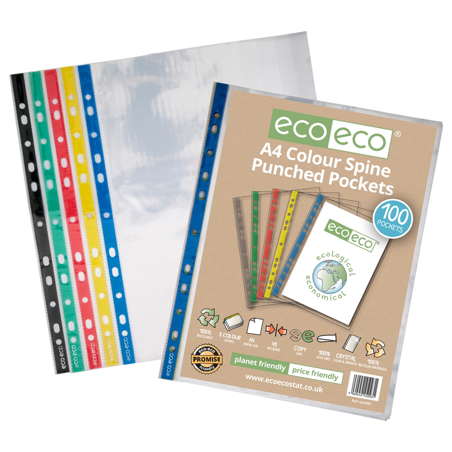 Eco Eco Recycled Multi Punched Pockets With Coloured Spine A4 - Pack Of 100