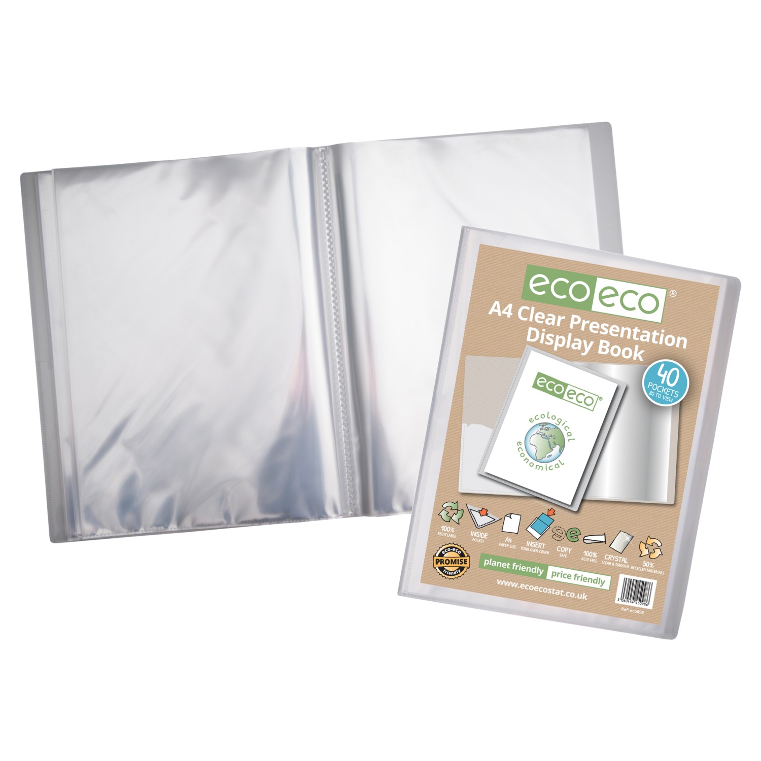 Eco Eco Recycled Pocket Presentation Display Book Clear A4 40 Pockets 50 Micron Pages