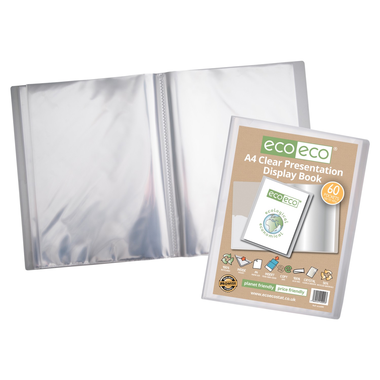 Eco Eco Recycled Pocket Presentation Display Book Clear A4 60 Pockets 50 Micron Pages