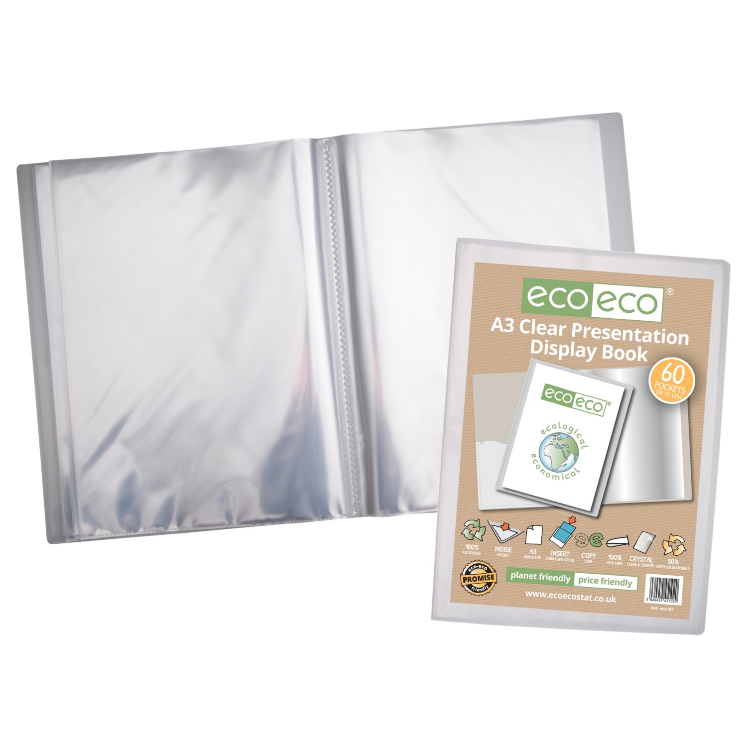 Eco Eco Recycled Pocket Presentation Display Book Clear A3 60 Pockets 50 Micron Pages