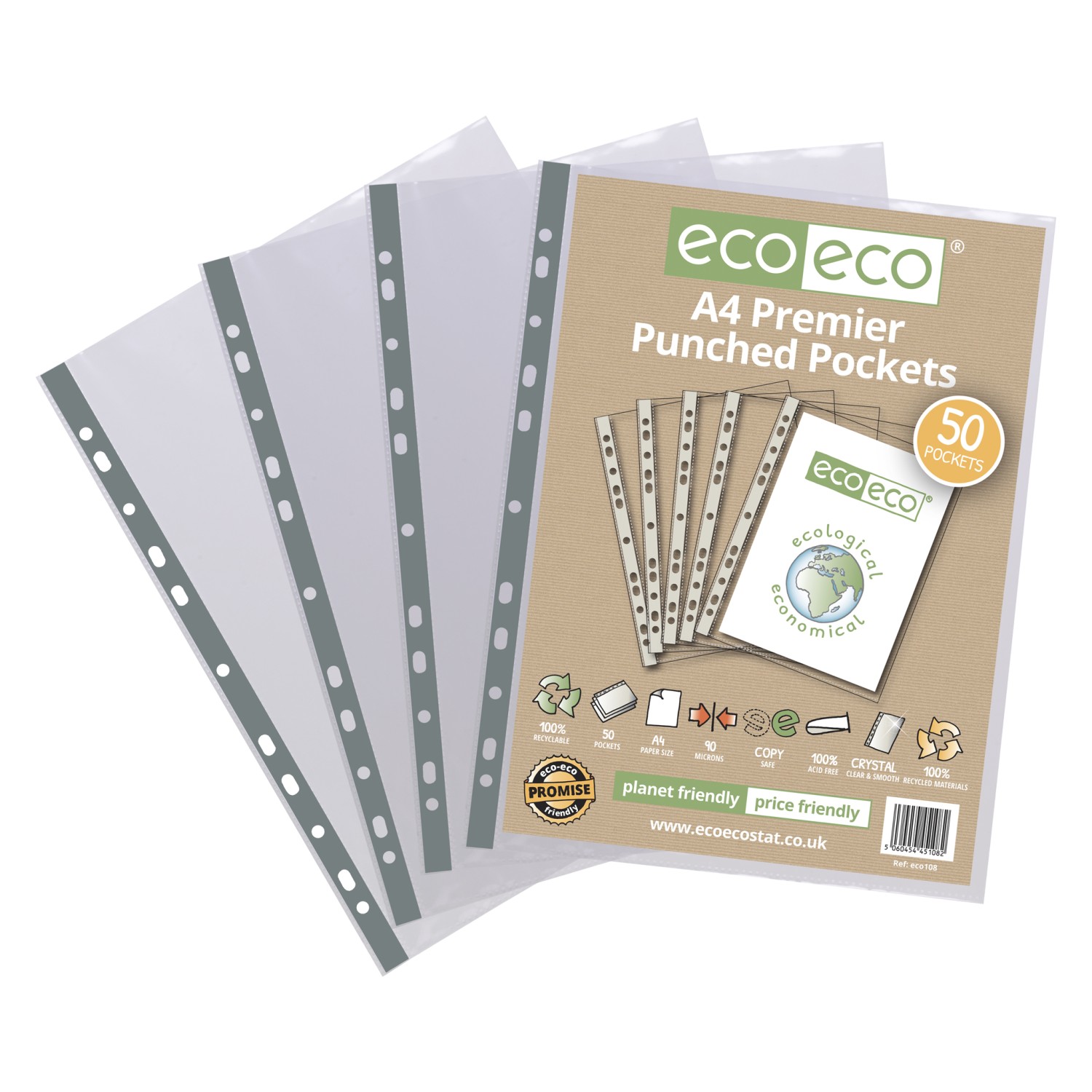 Eco Eco Recycled Multi Punched Pockets A4 90 Micron - Pack Of 50