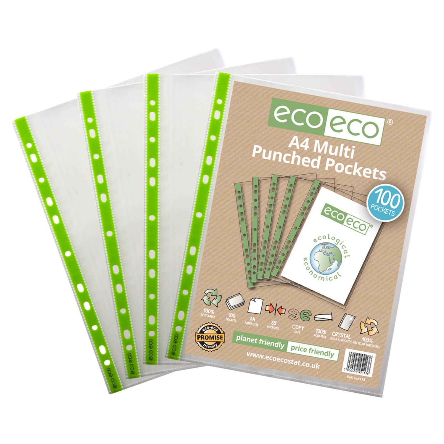 Eco Eco Recycled Multi Punched Pockets A4 65 Micron - Pack Of 100