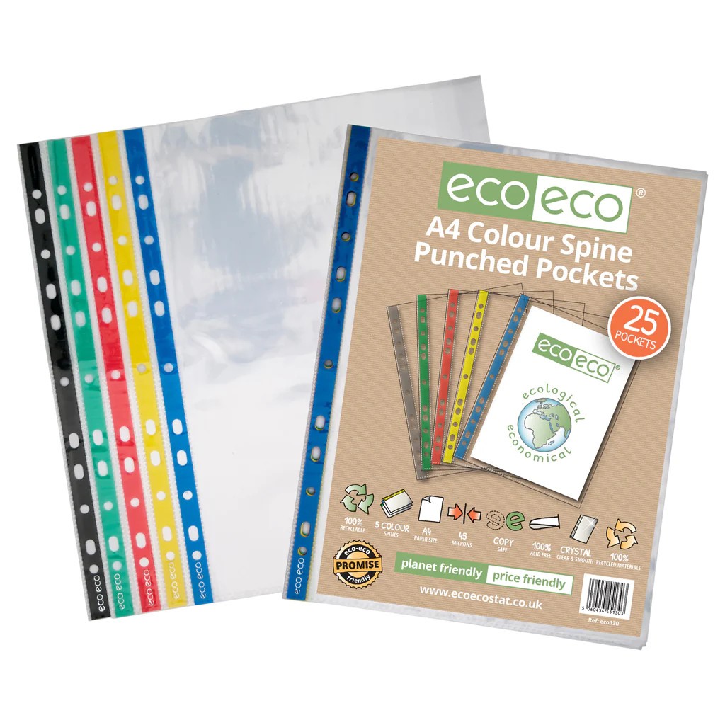 Eco Eco Recycled Colour Spine Multi Punched Pockets A4 45 Micron - Pack Of 25