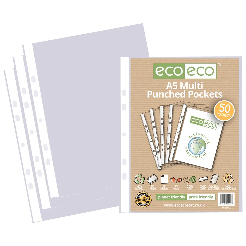Pack 50 A5 100% Recycled 45 Microns Multi Punched Pockets