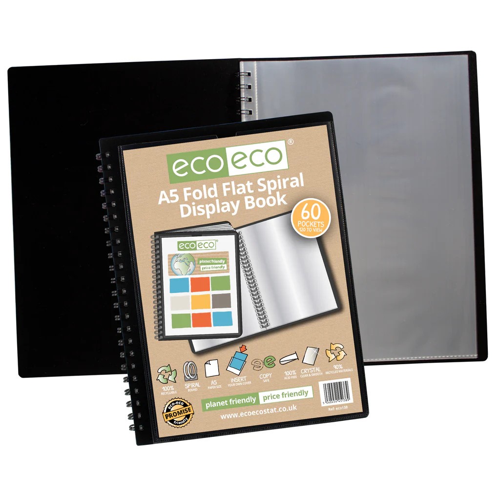 A5 90% Recycled Fold Flat Spiral Presentation Display Book 60 Pockets