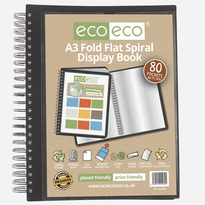 Eco Eco Recycled Fold Flat Spiral Display Book A3 80 Pockets