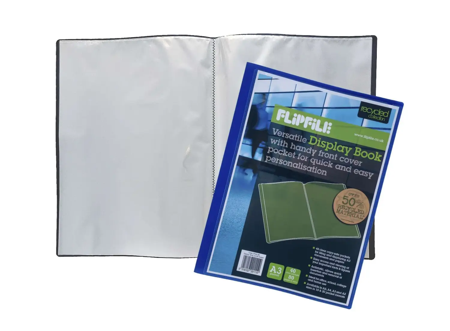 Recycled Flipfile Display Books Blue A3 40 Pockets