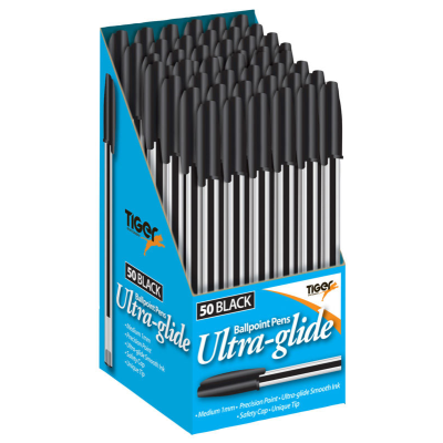 Tiger Ultra Glide Ballpoint Pens Black Boxed 50s