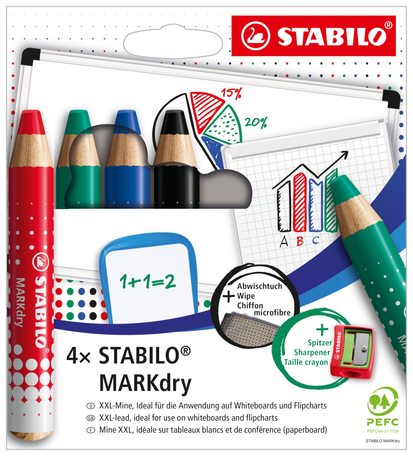 Stabilo Markdry Whiteboard & Flipchart Markes Assorted 4s With Sharpener & Cloth