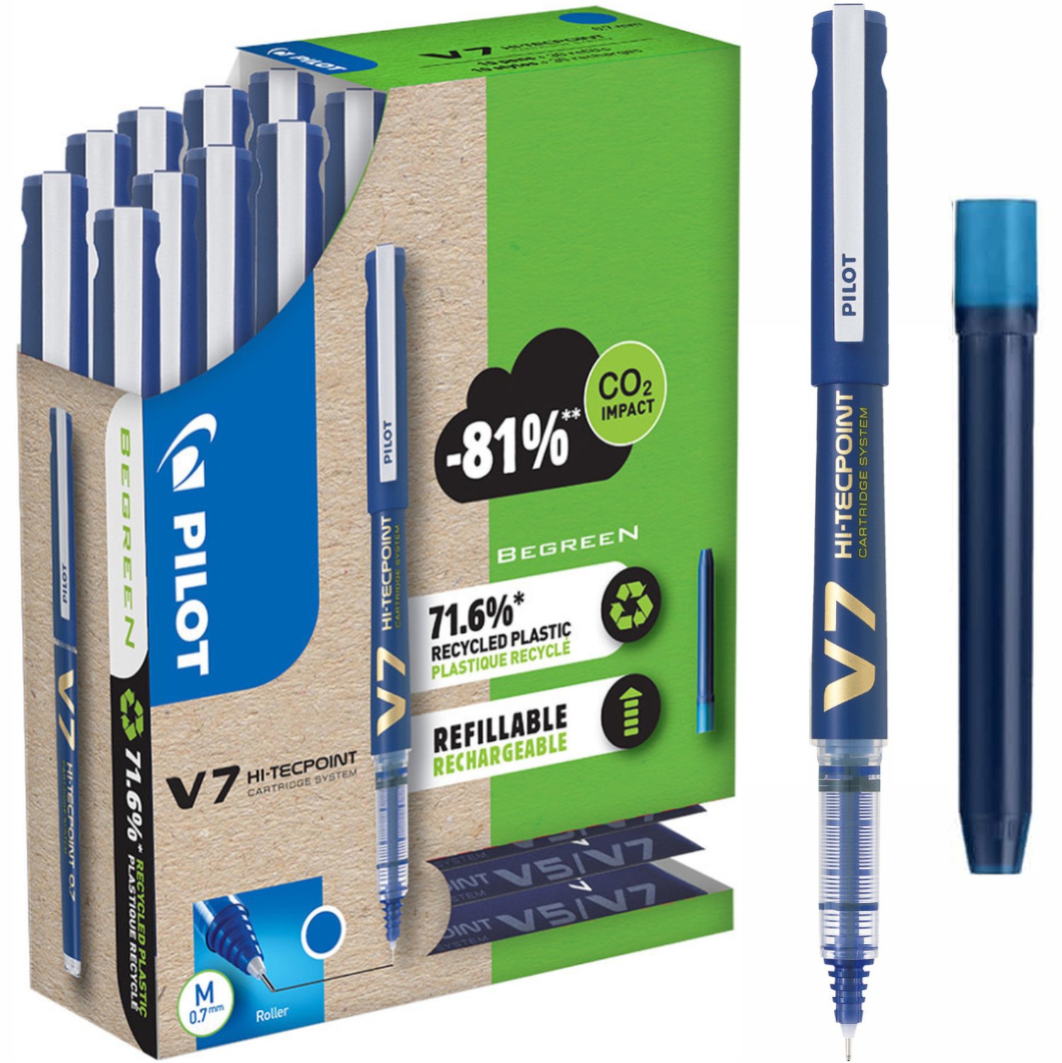 Blue V7 Liquid Ink CS Rollerball Medium Line Green Pack - 10 pens + 30 refills