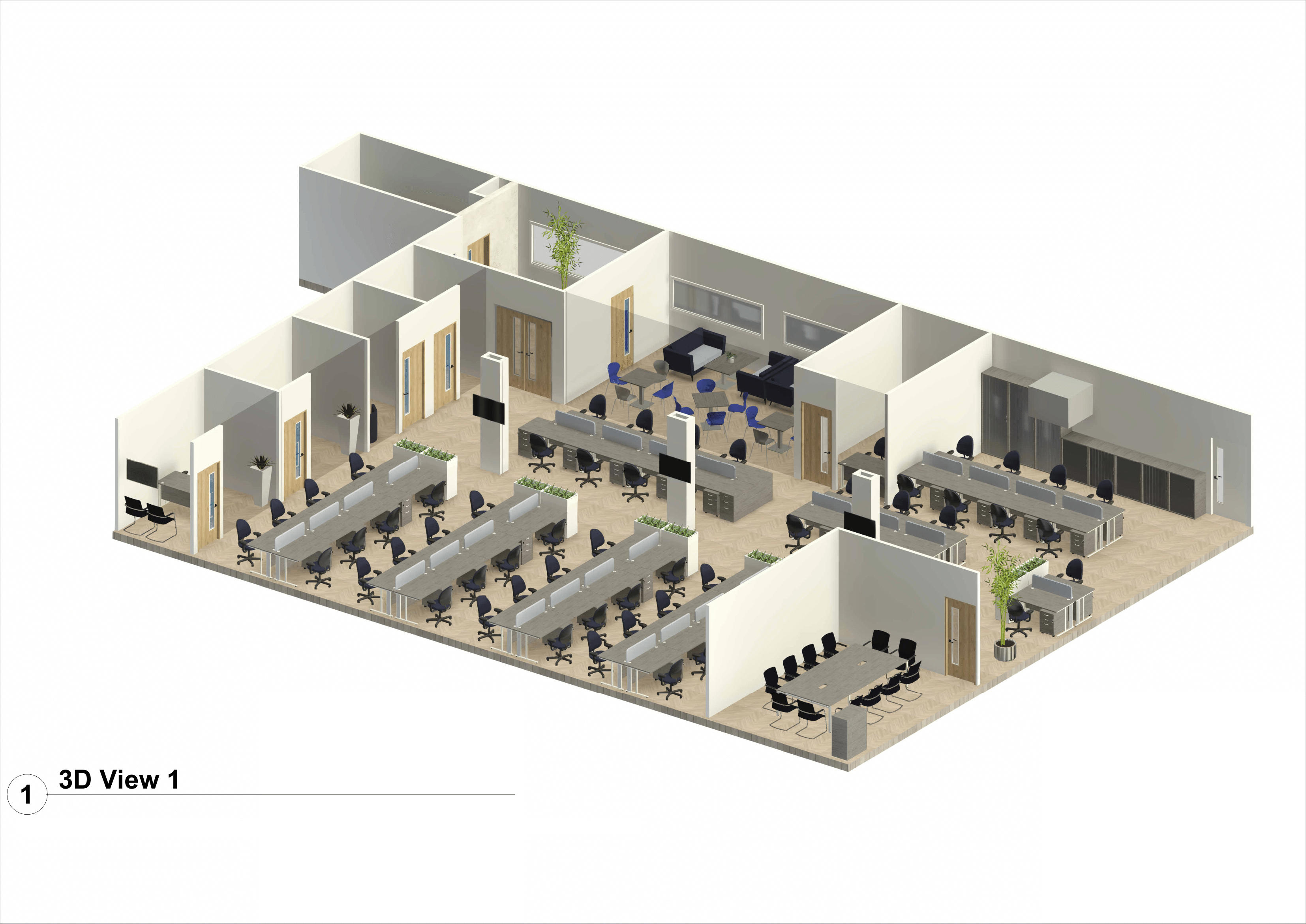 3D visualisation of the new office layout including partitioning and furniture