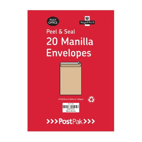 Postpak C4 Peel and Seal Manilla Envelopes (Pack of 20)