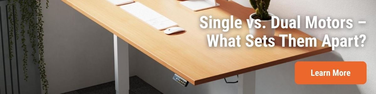 A height adjustable sit-stand office desk with text overlaid that says Single vs. Dual Motors - What sets them apart? Learn More button.