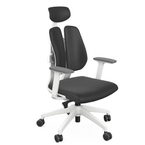 Duorest Ergonomic Chair, Adj. Arms - Grey Fabric Seat, Black Vinyl Headrest, White Base