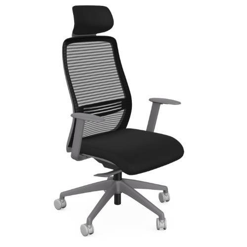 NV Chair Adj. Arms, Mesh Back, Grey Base, Black Fabric Seat Plus Headrest