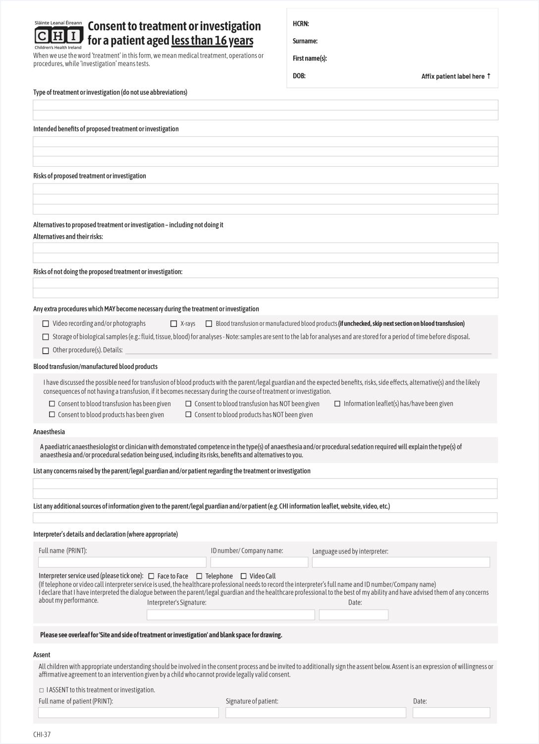 Consent Form Sets - Under 16 Years (Box 250)