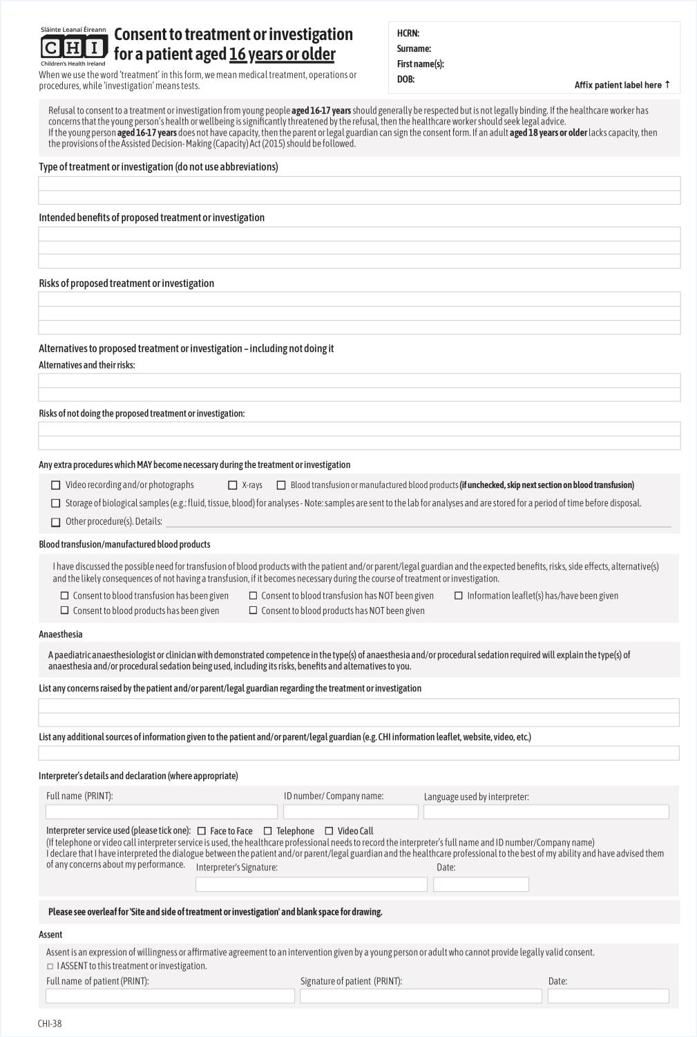 Consent Form Sets - Over 16 Years (Box 250)
