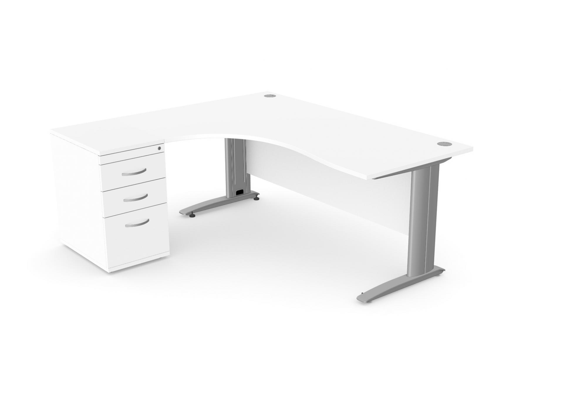 Komo Crescent Desk 1800/800 x 1200/600mm L/H - Silver Leg / White Top with Desk High Ped