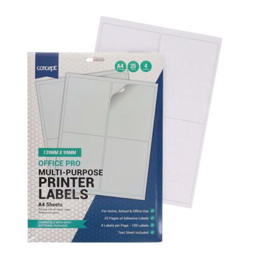 Concept A4 Multi-Purpose Printer Labels 25 Sheets - 4 Labels