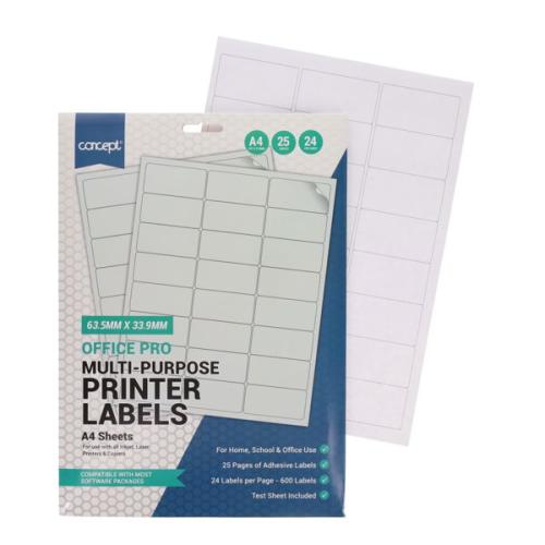Concept A4 Multi-Purpose Printer Labels 25 Sheets - 24 Labels