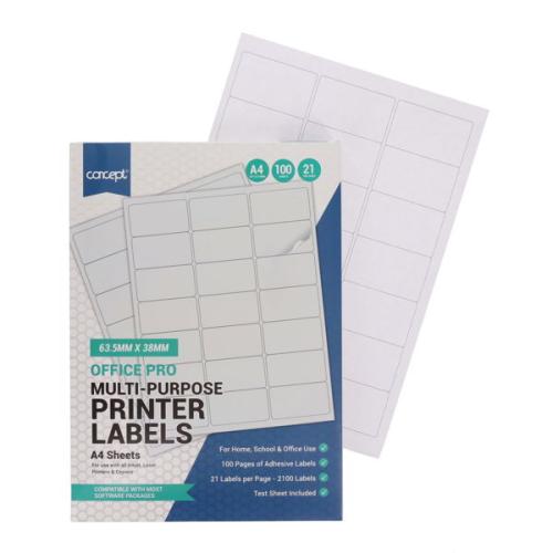 Concept A4 Multi-Purpose Printer Labels 100 Sheets - 21 Labels
