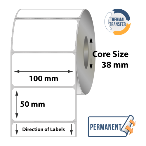 Direct Thermal Labels - 50mm x 100mm x 38mm - 500x Labels Per Roll