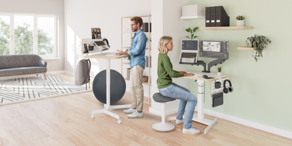 Lex ergonomic office chair and sit-stand desk promoting wellbeing