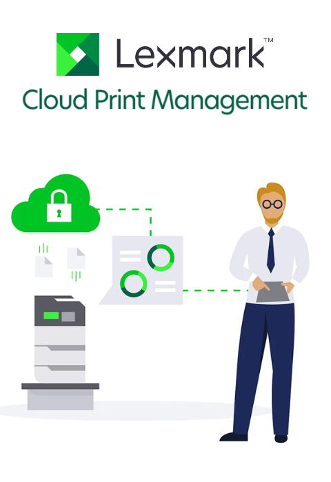 Illustration showing how Lex helps businesses secure printing through Lexmark Cloud Print Management