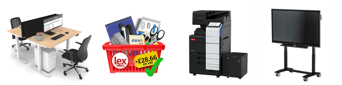 “Office furniture, stationery, printer and AV screen collage representing Lex’s complete workspace solutions