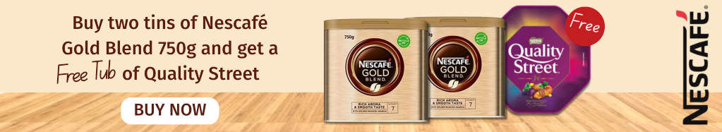Get a free tub of Quality Street 550g when you purchase 2 tins of Nescafe Gold blend 750g