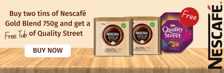Get a free tub of Quality Street 550g when you purchase 2 tins of Nescafe Gold blend 750g