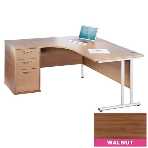 Radial Desk Set Left Hand 1400mm Cantilever White Frame 25mm MFC Walnut