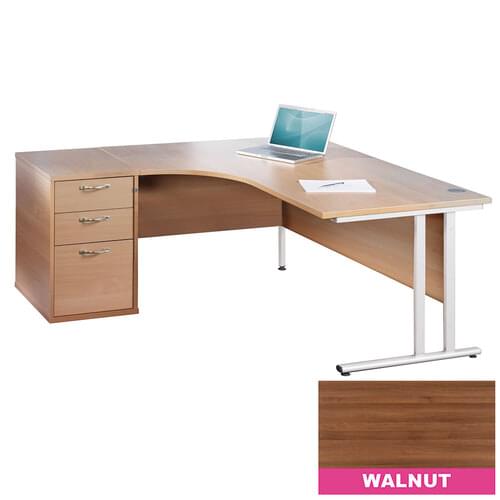 Radial Desk Set Left Hand 1600mm Cantilever White Frame 25mm MFC Walnut