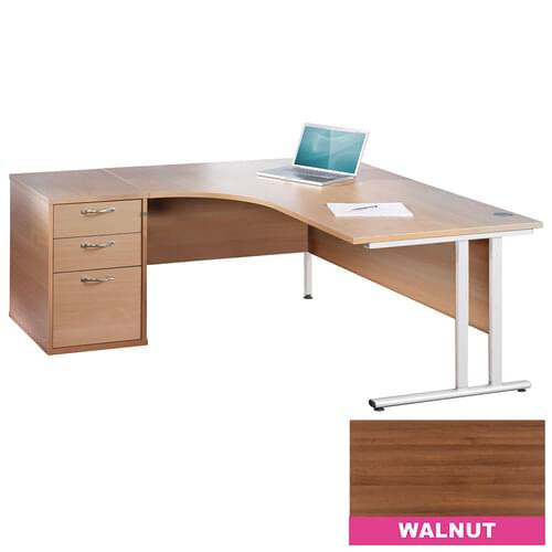 Radial Desk Set Left Hand 1800mm Cantilever White Frame 25mm MFC Walnut