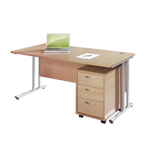 Straight Desk Set 1200mm 3 Drawer Pedestal Cantilever Silver Frame 25mm MFC Beech