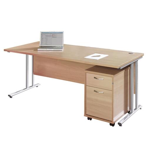 Straight Desk Set 1400mm 2 Drawer Pedestal Silver Cantilever Frame 25mm MFC Beech