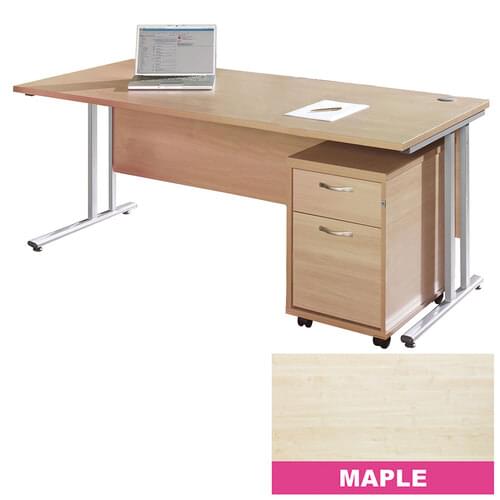 Straight Desk Set 1400mm 2 Drawer Pedestal Silver Cantilever Frame 25mm MFC Maple