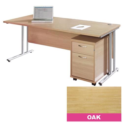 Straight Desk Set 1400mm 2 Drawer Pedestal Silver Cantilever Frame 25mm MFC Oak