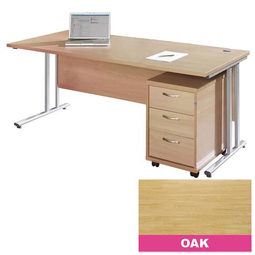 Straight Desk Set 1400mm 3 Drawer Pedestal Cantilever Silver Frame 25mm MFC Oak
