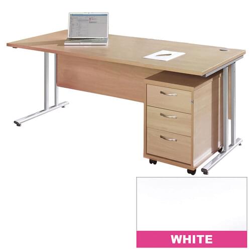 Straight Desk Set 1400mm 3 Drawer Pedestal Cantilever Silver Frame 25mm MFC White