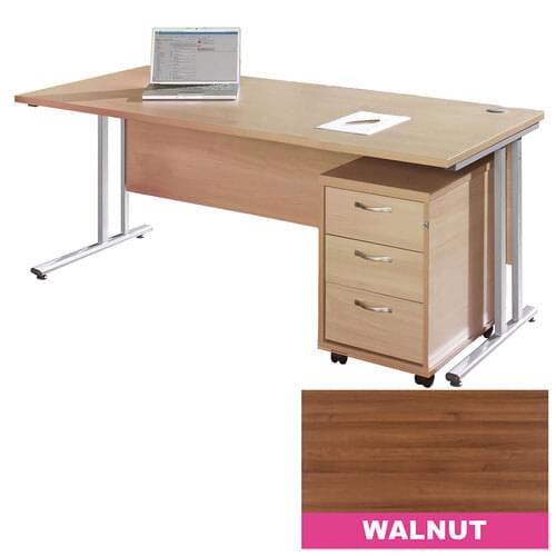 Straight Desk Set 1400mm 3 Drawer Pedestal Cantilever Silver Frame 25mm MFC Walnut